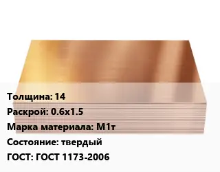 Медный лист 14 0.6х1.5 Марка: М1т твердый ГОСТ 1173-2006